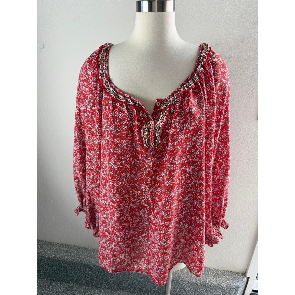 Max Studio Womens Plus 1X Red Floral Ruffle Neck Peasant Blouse Long Sleeve